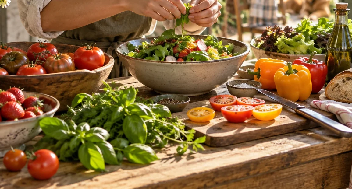 Tomatoes, peppers, strawberries and herbs on a wooden kitchen table